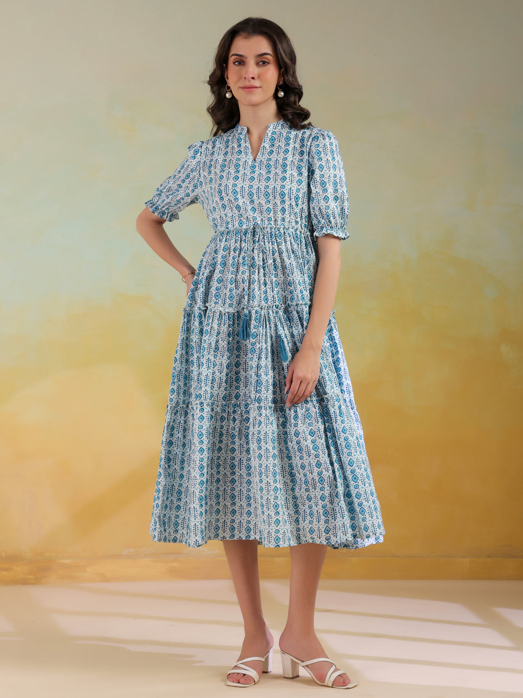 Blue Color Geometric Printed Cotton Dress For Women