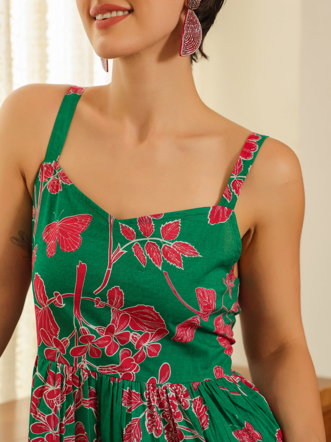 Grey Cotton Printed Sweetheart Neck Dress For Women
