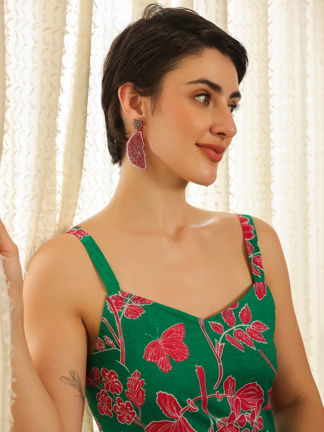 Grey Cotton Printed Sweetheart Neck Dress For Women