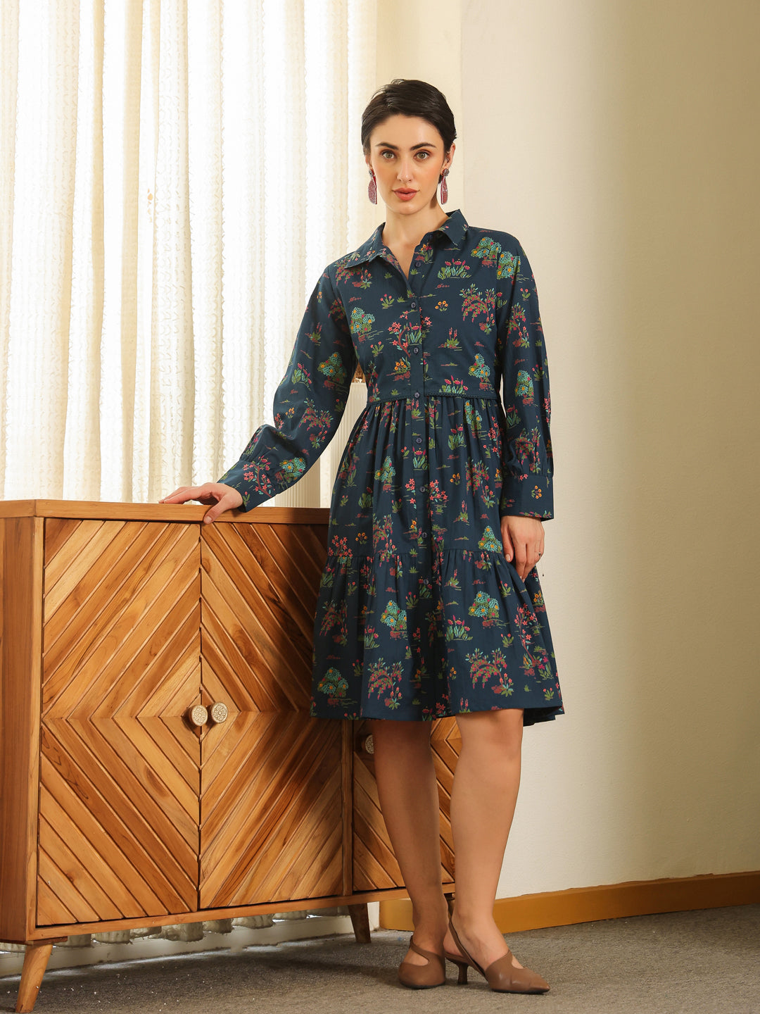 Navy Blue Cotton Printed Shirt Collar Dress For Women