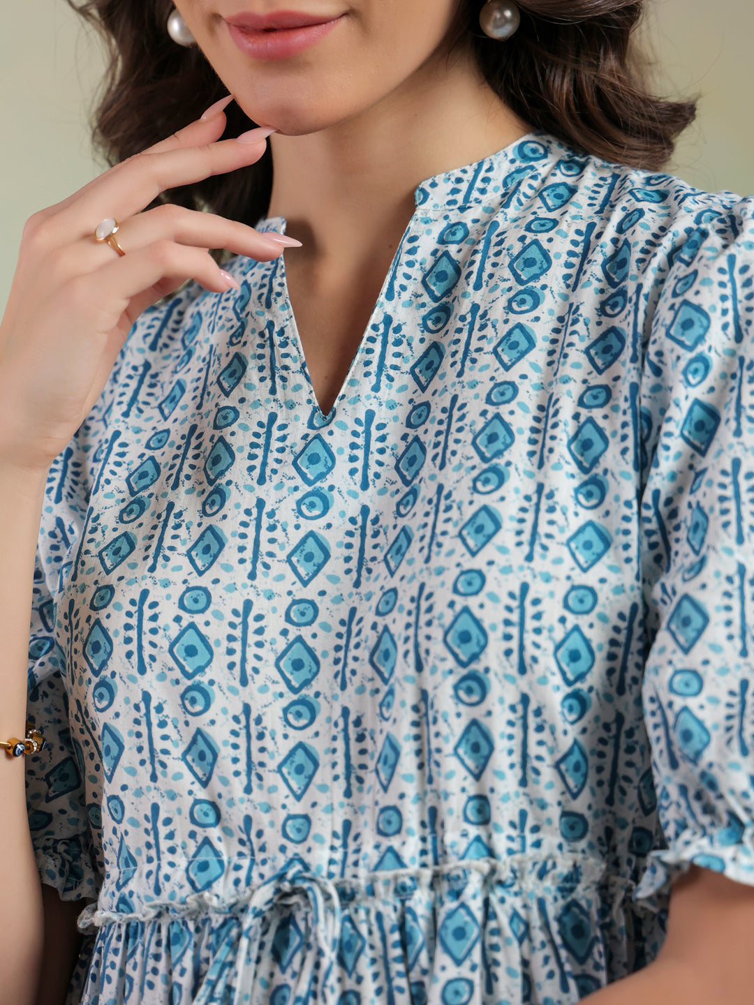 Blue Color Geometric Printed Cotton Dress For Women
