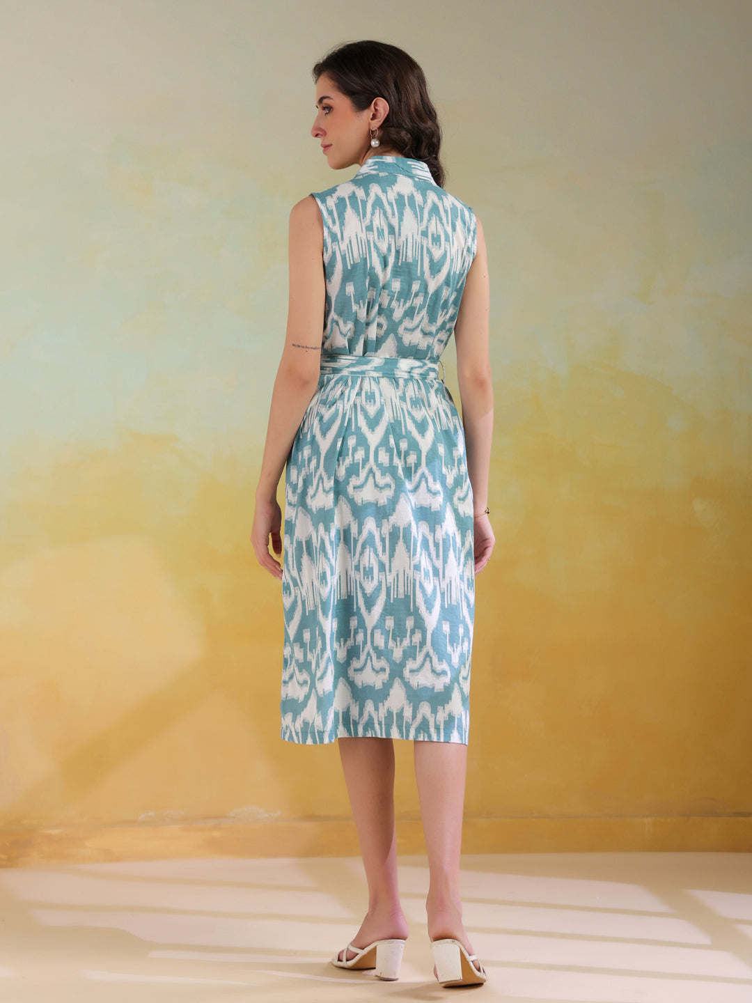 Sea Green Color Abstract Printed Cotton Dress For Women