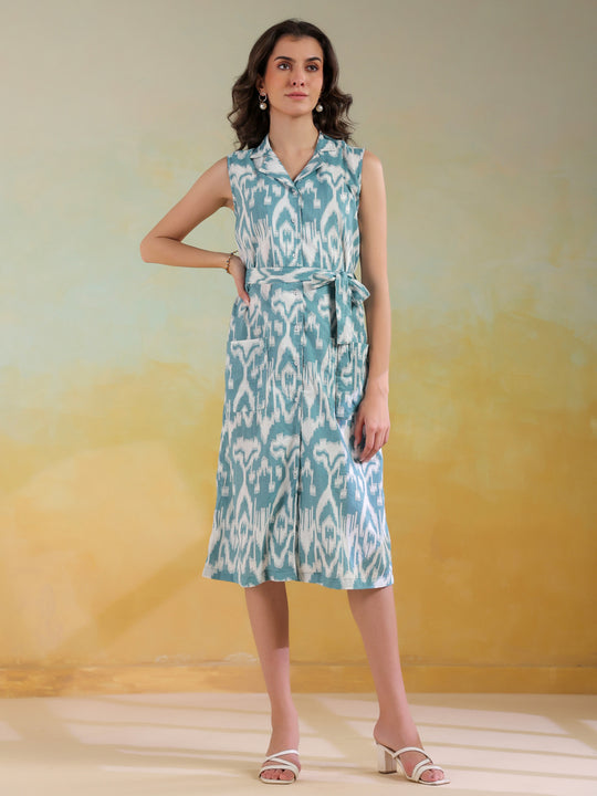 Sea Green Color Abstract Printed Cotton dress for women