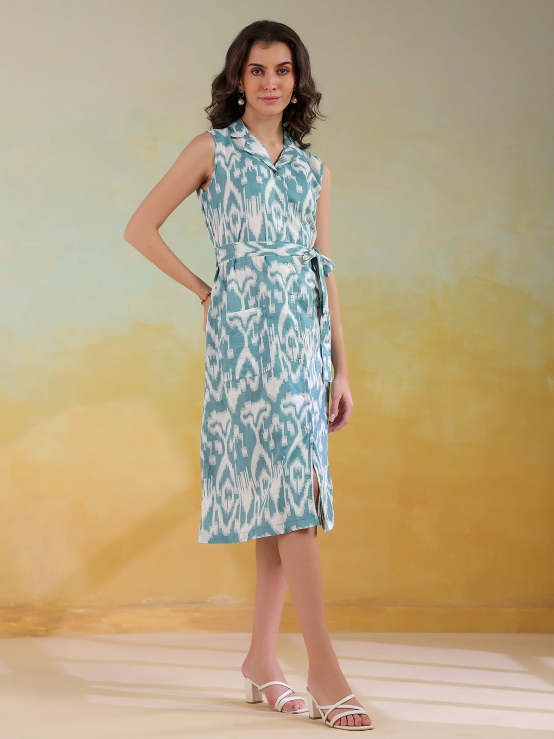 Sea Green Color Abstract Printed Cotton Dress For Women