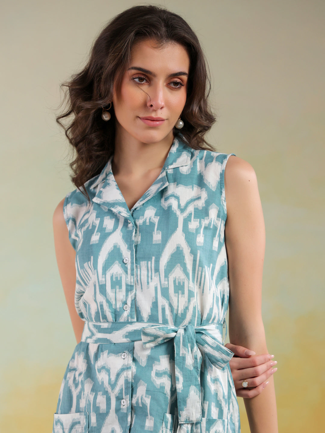 Sea Green Color Abstract Printed Cotton Dress For Women