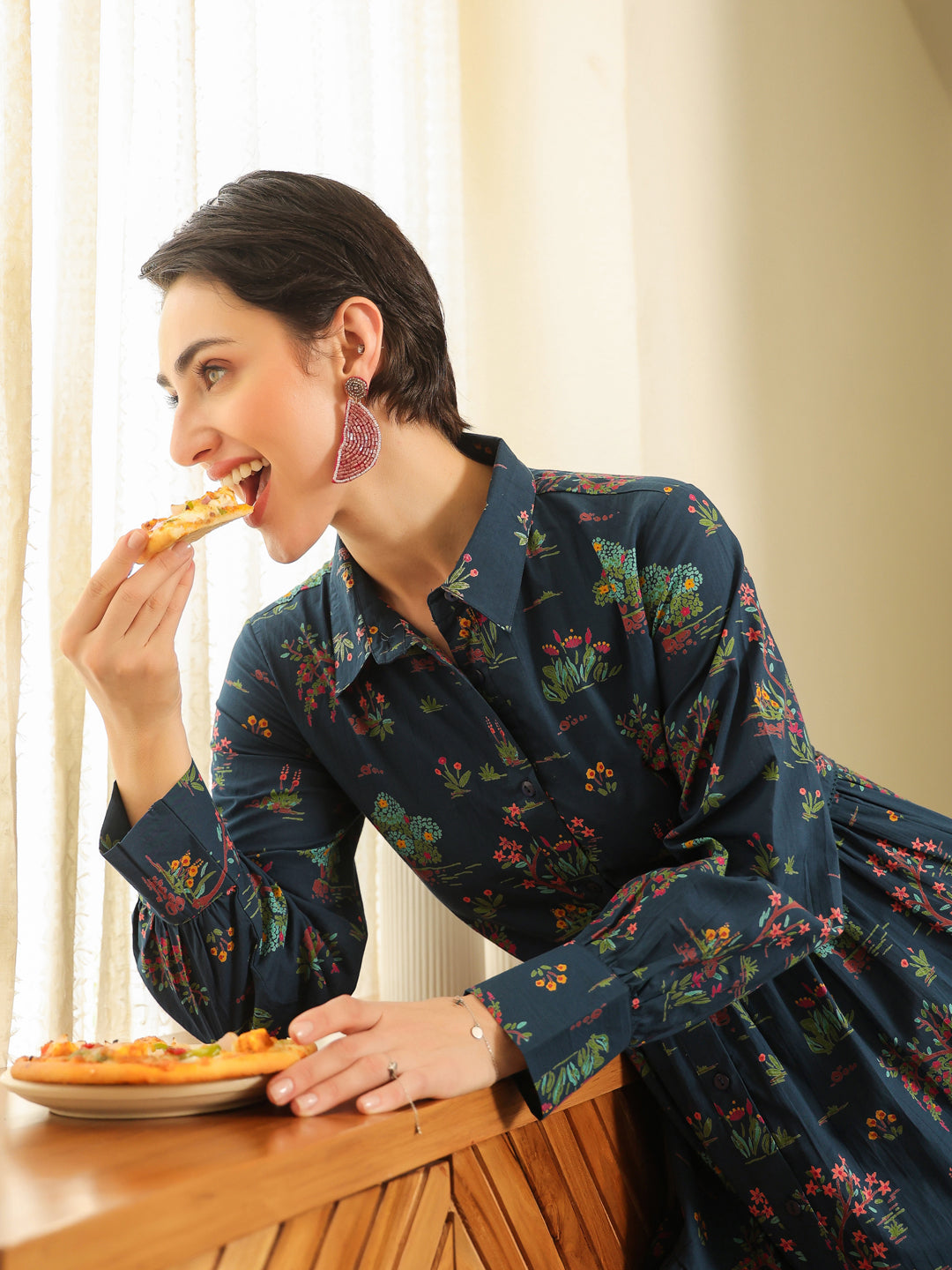 Buy Navy Blue Cotton Printed Shirt Collar Dress For Women Online @ Best Price
