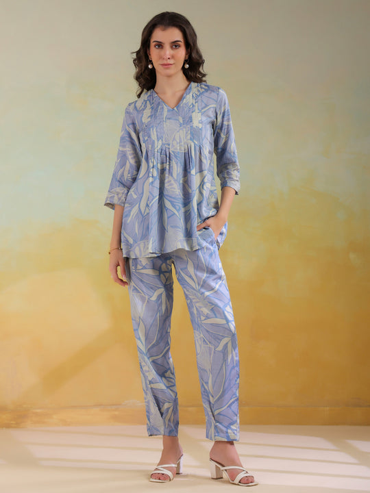 Blue Color V-Neck Printed co-ords set for women