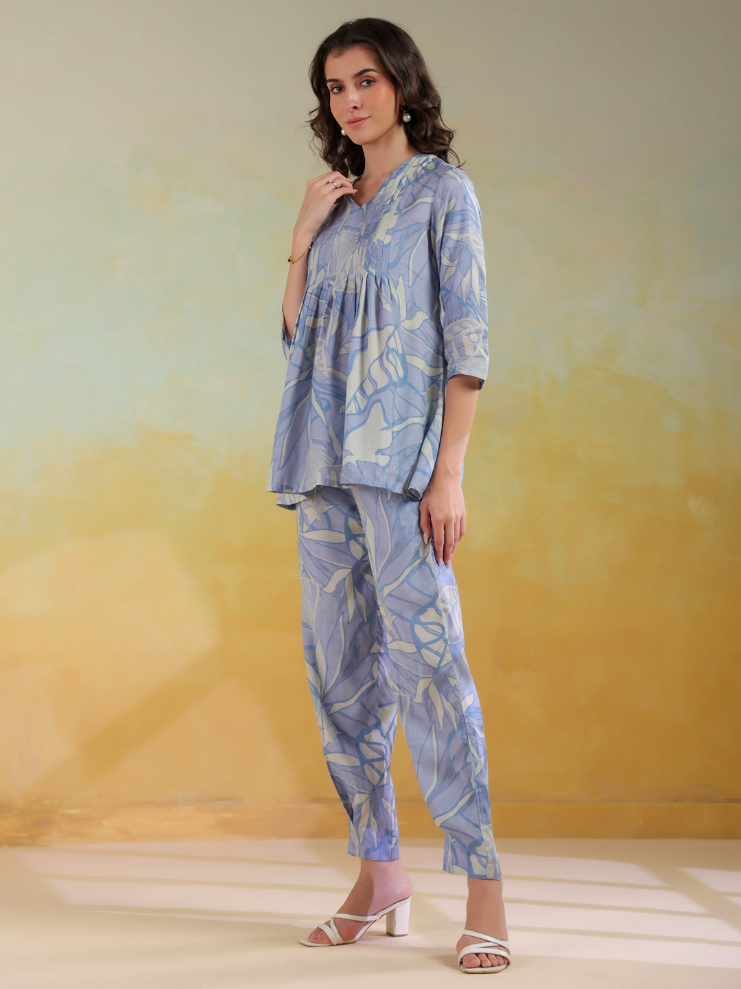 Blue Color V-Neck Printed Co-Ords Set For Women