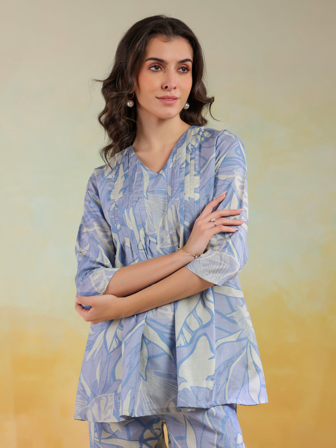Blue Color V-Neck Printed Co-Ords Set For Women