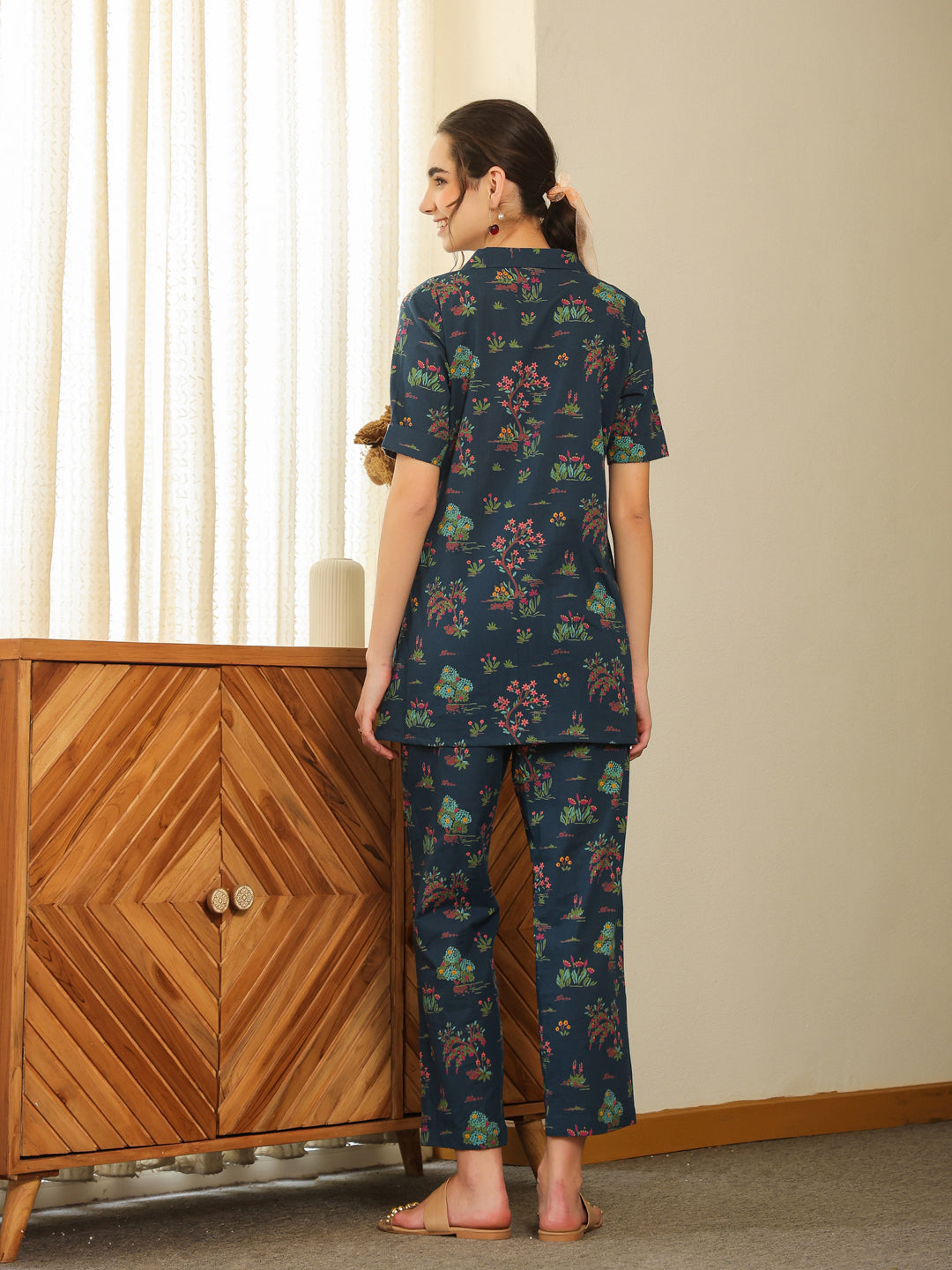 Blue V-Neck Pure Cotton Printed Floral Night Suit For Women