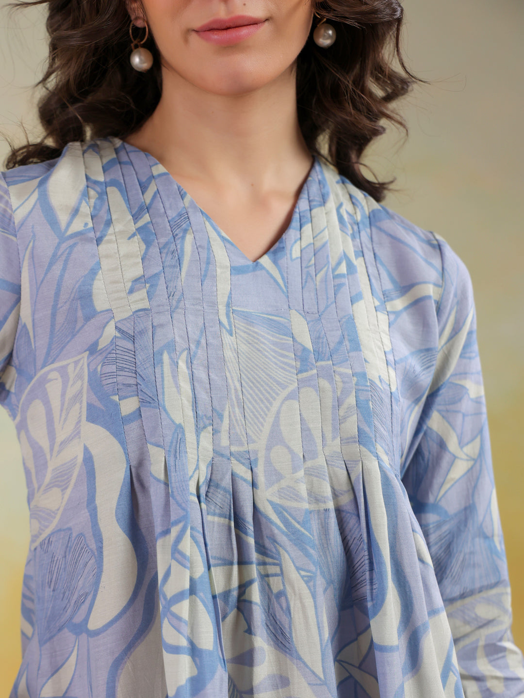 Blue Color V-Neck Printed Co-Ords Set For Women