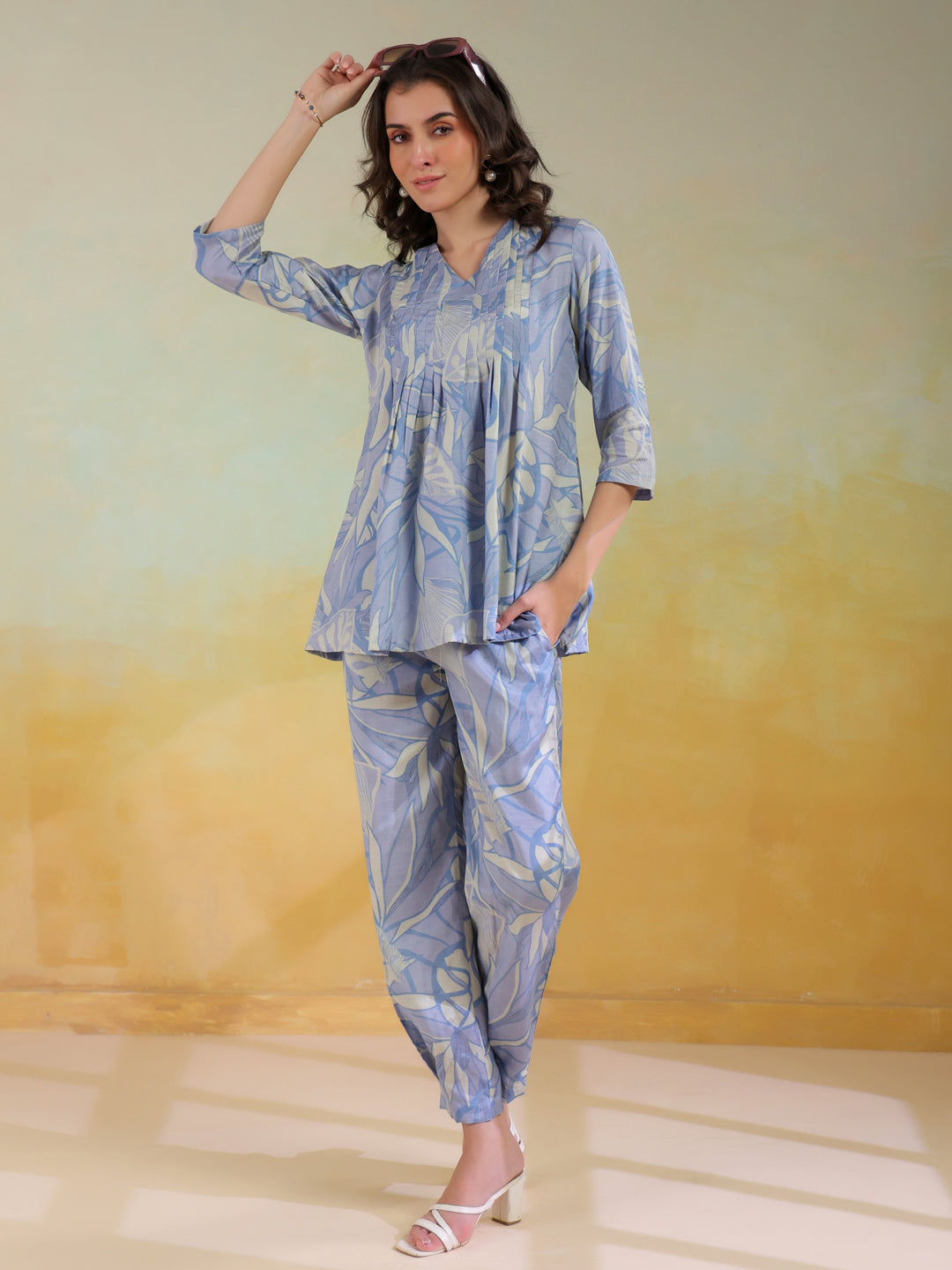 Blue Color V-Neck Printed Co-Ords Set For Women