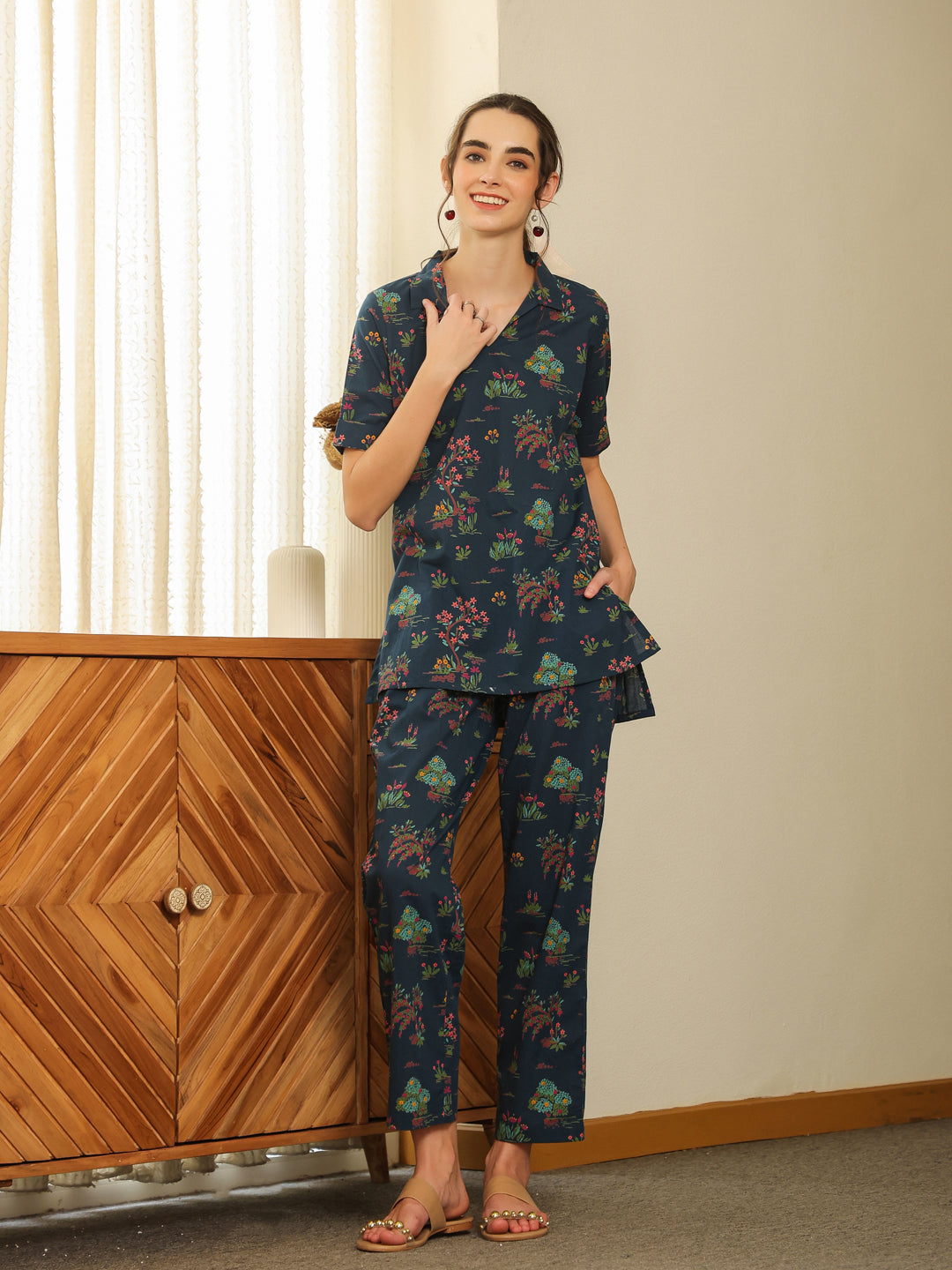 Blue V-Neck Pure Cotton Printed Floral Night Suit For Women