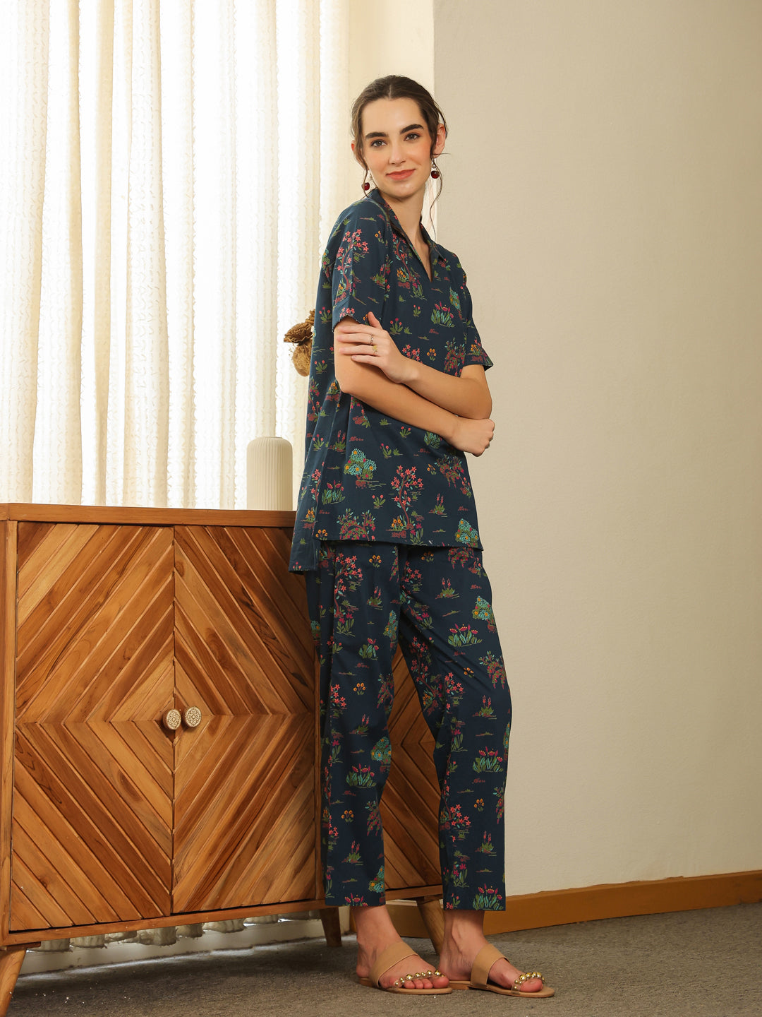 Blue V-Neck Pure Cotton Printed Floral Night Suit For Women