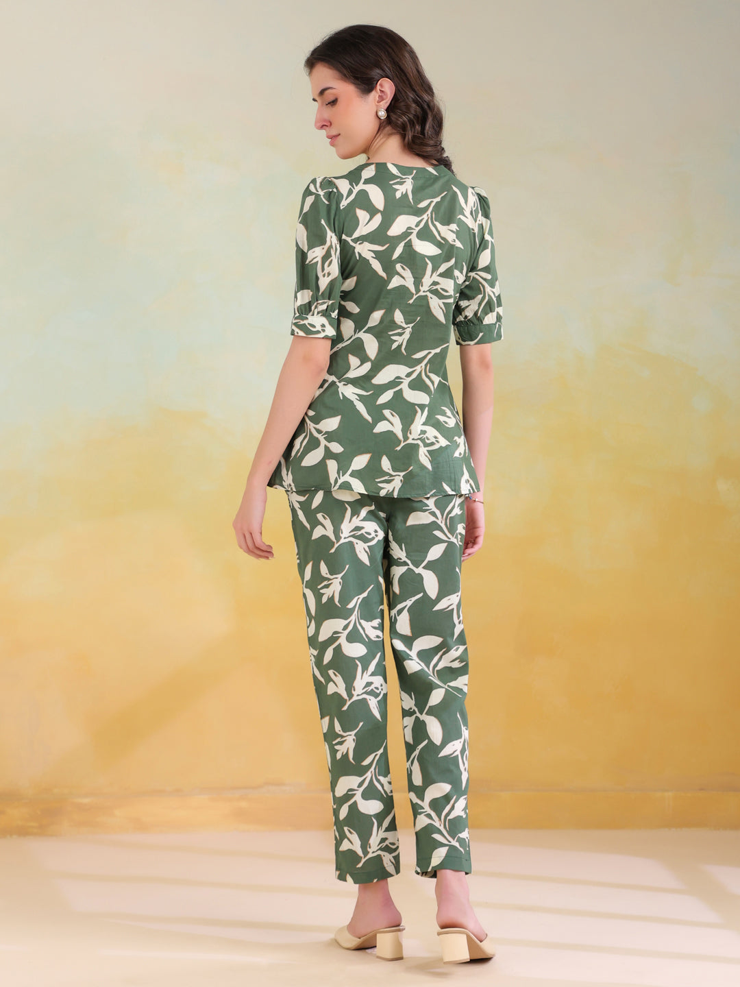 Green Color Round Neck Printed Co-Ords Set For Women