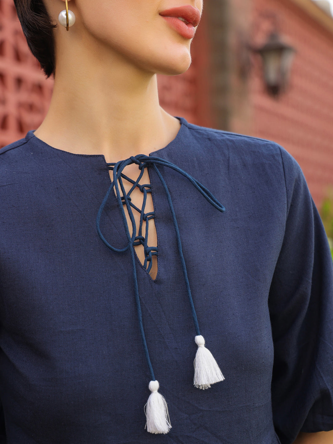 Blue Round Neck Pure Cotton Top Solid Co-Ords Set For Women