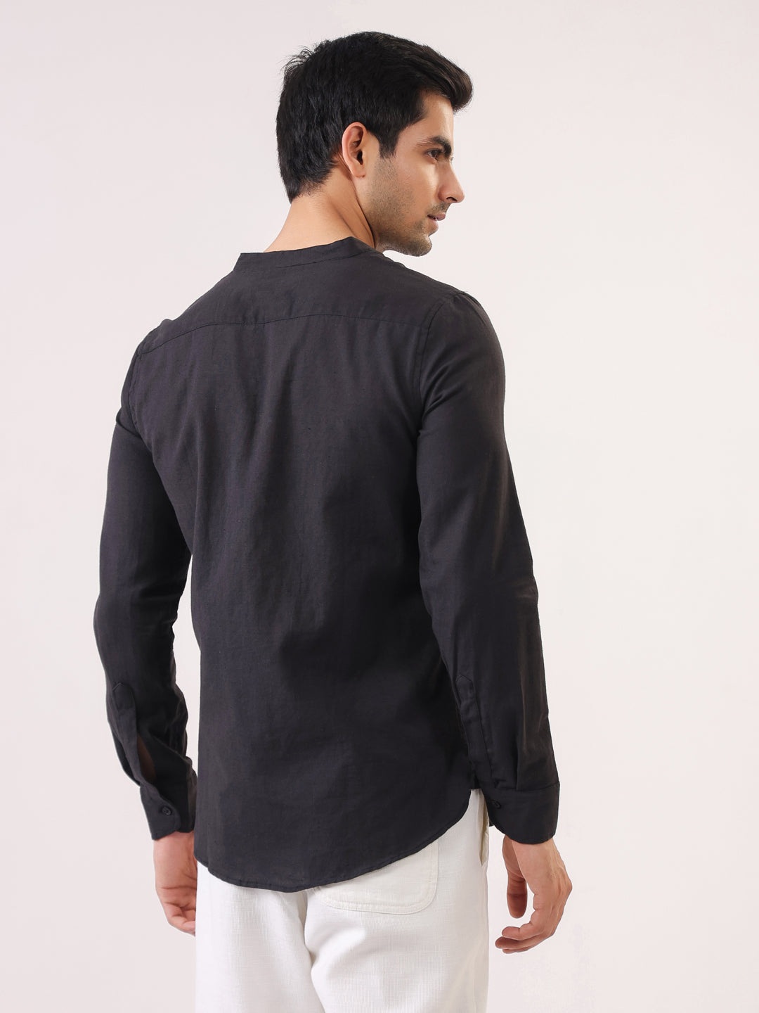 Black Mandarin Collar Full Sleeve Solid Pure Cotton Shirt For Men