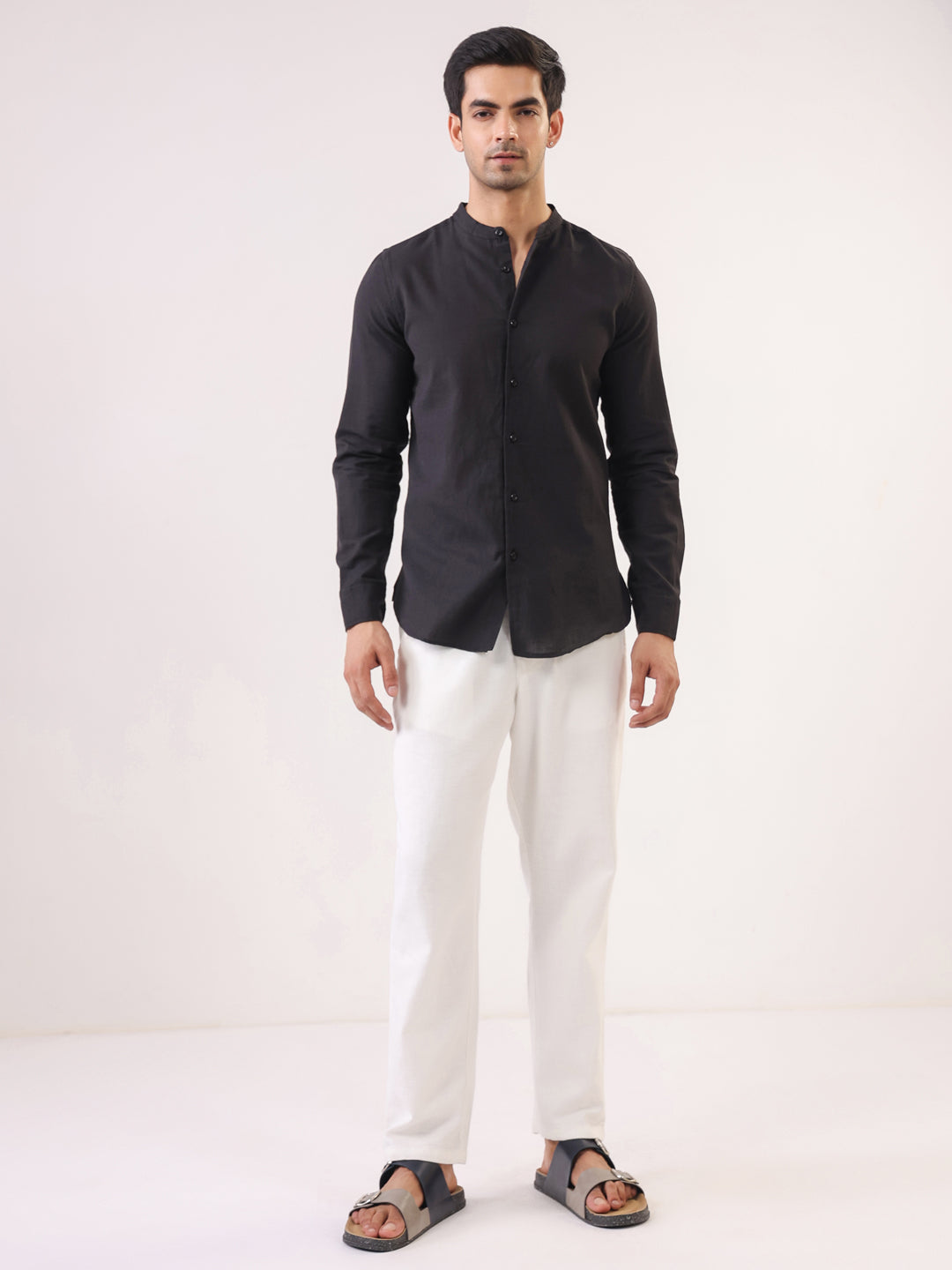 Black Mandarin Collar Full Sleeve Solid Pure Cotton Shirt For Men