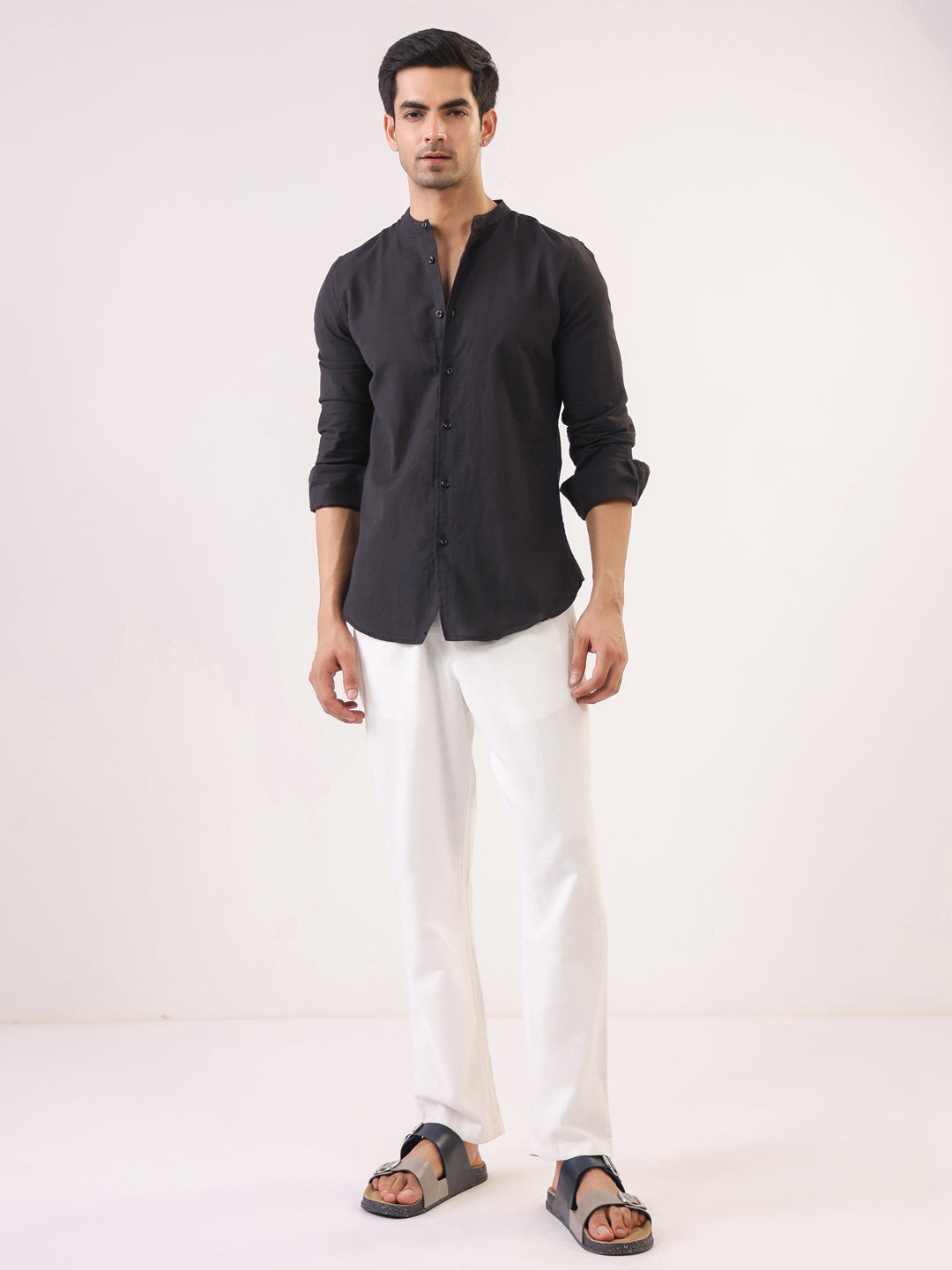 Black Mandarin Collar Full Sleeve Solid Pure Cotton Shirt For Men