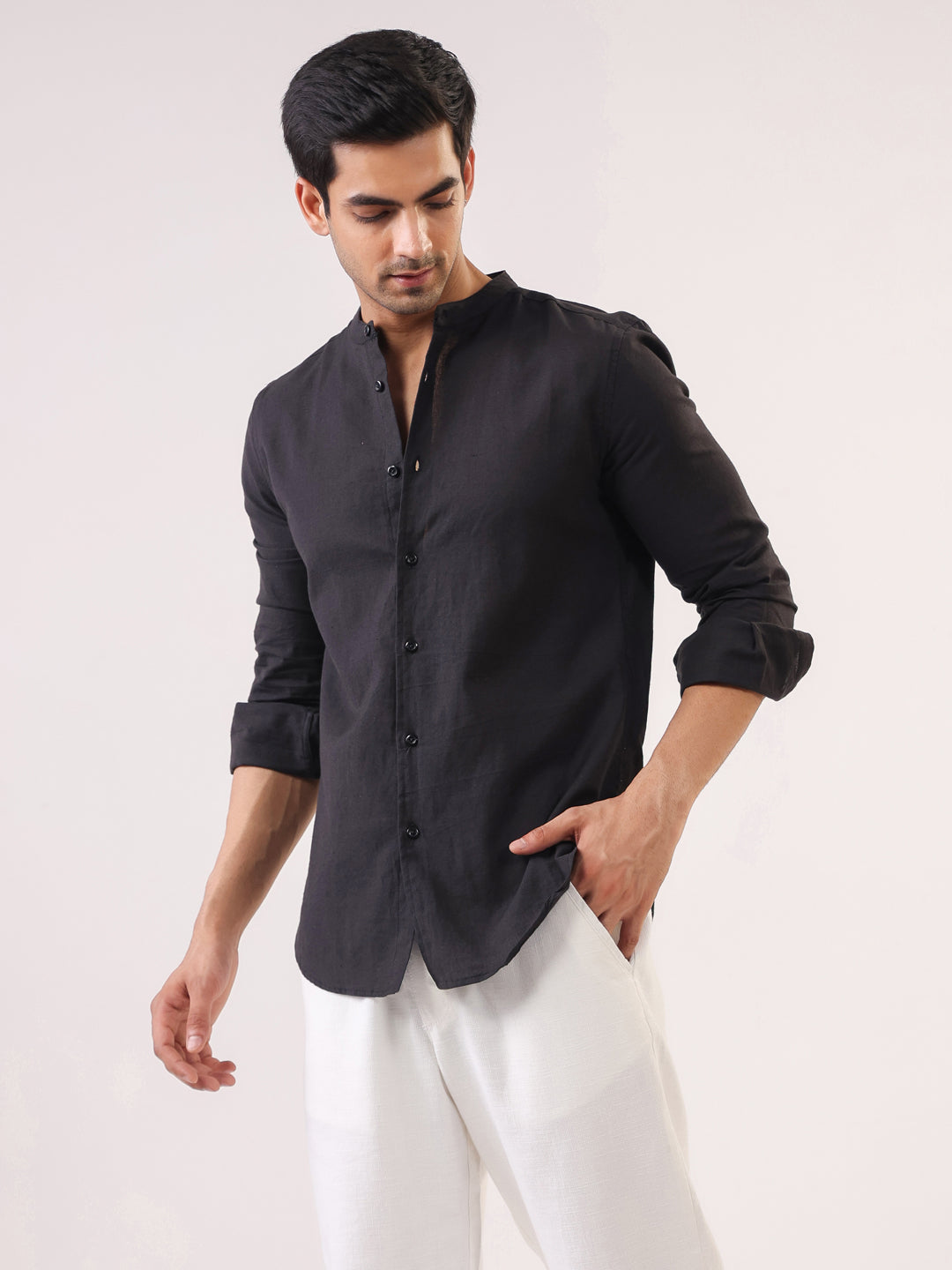 Black Mandarin Collar Full Sleeve Solid Pure Cotton Shirt For Men