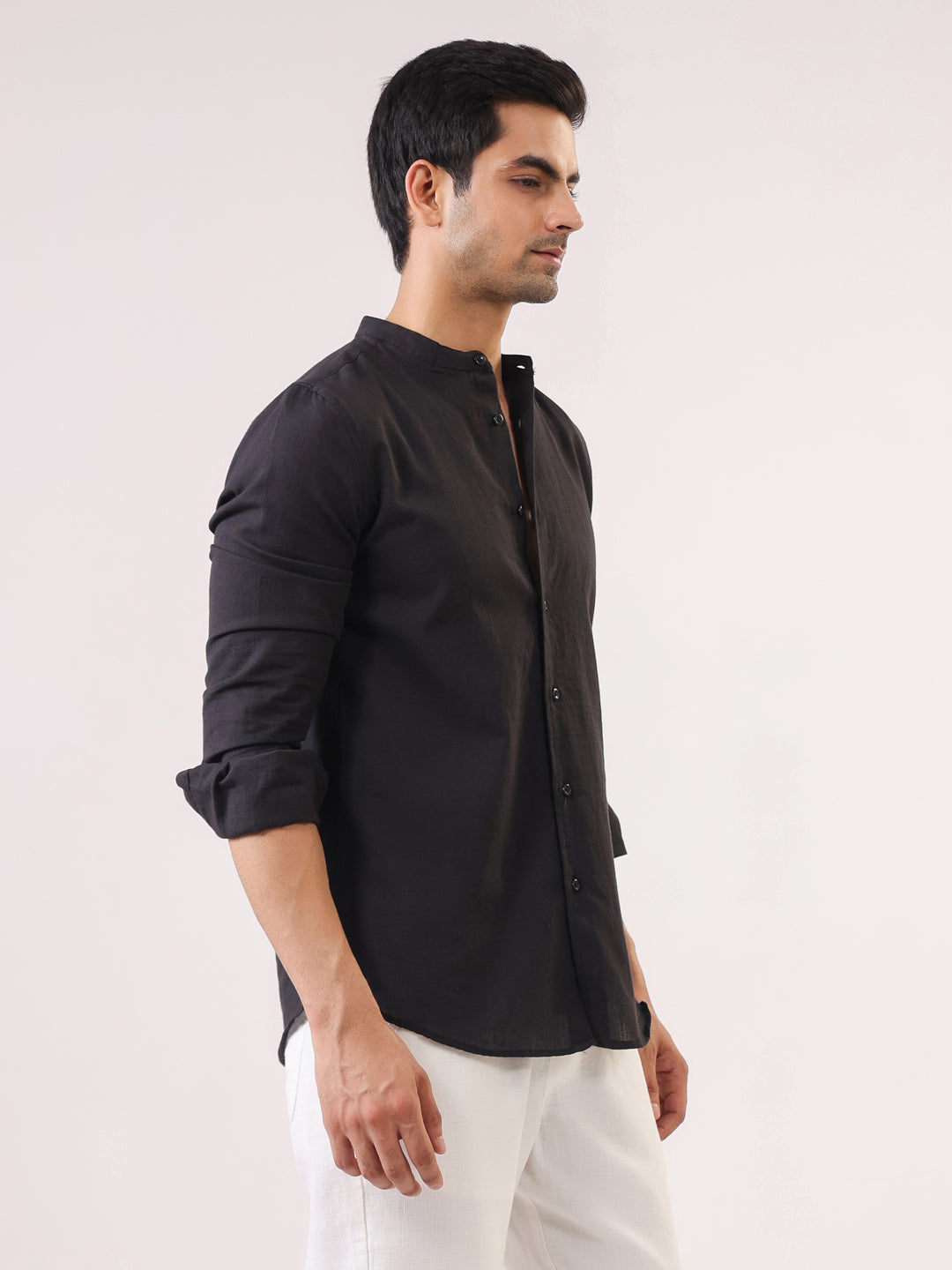Black Mandarin Collar Full Sleeve Solid Pure Cotton Shirt For Men