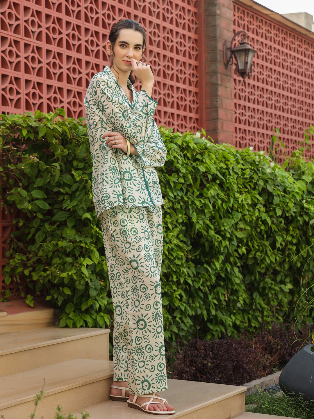 White Shirt Collar Pure Cotton Printed Geometric Night Suit For Women