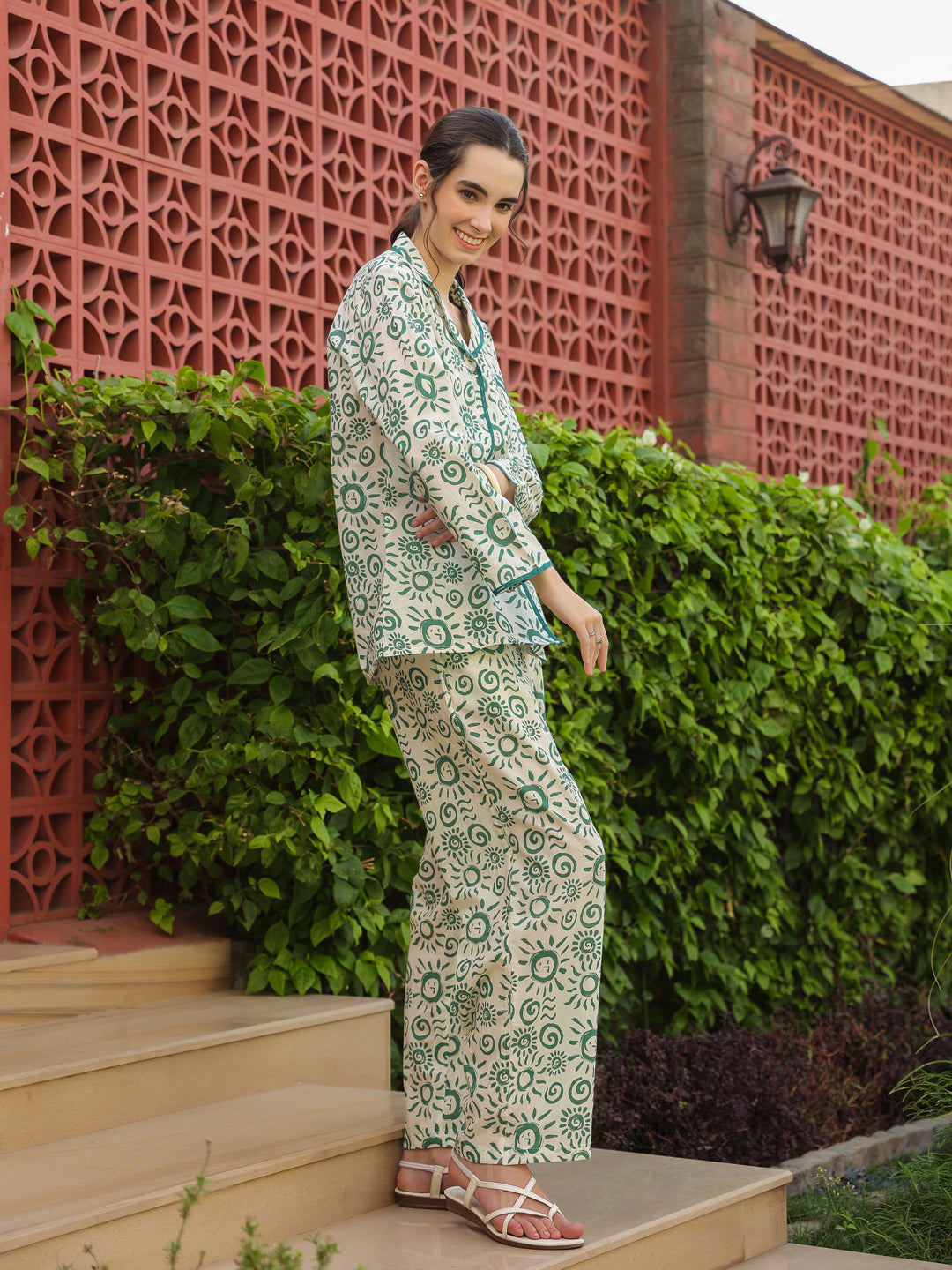 White Shirt Collar Pure Cotton Printed Geometric Night Suit For Women