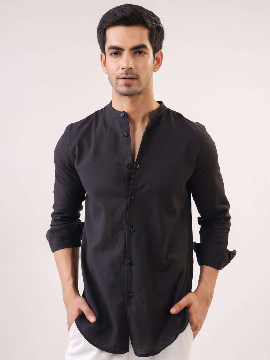 Black Mandarin Collar Full Sleeve Solid Pure Cotton Shirt For Men