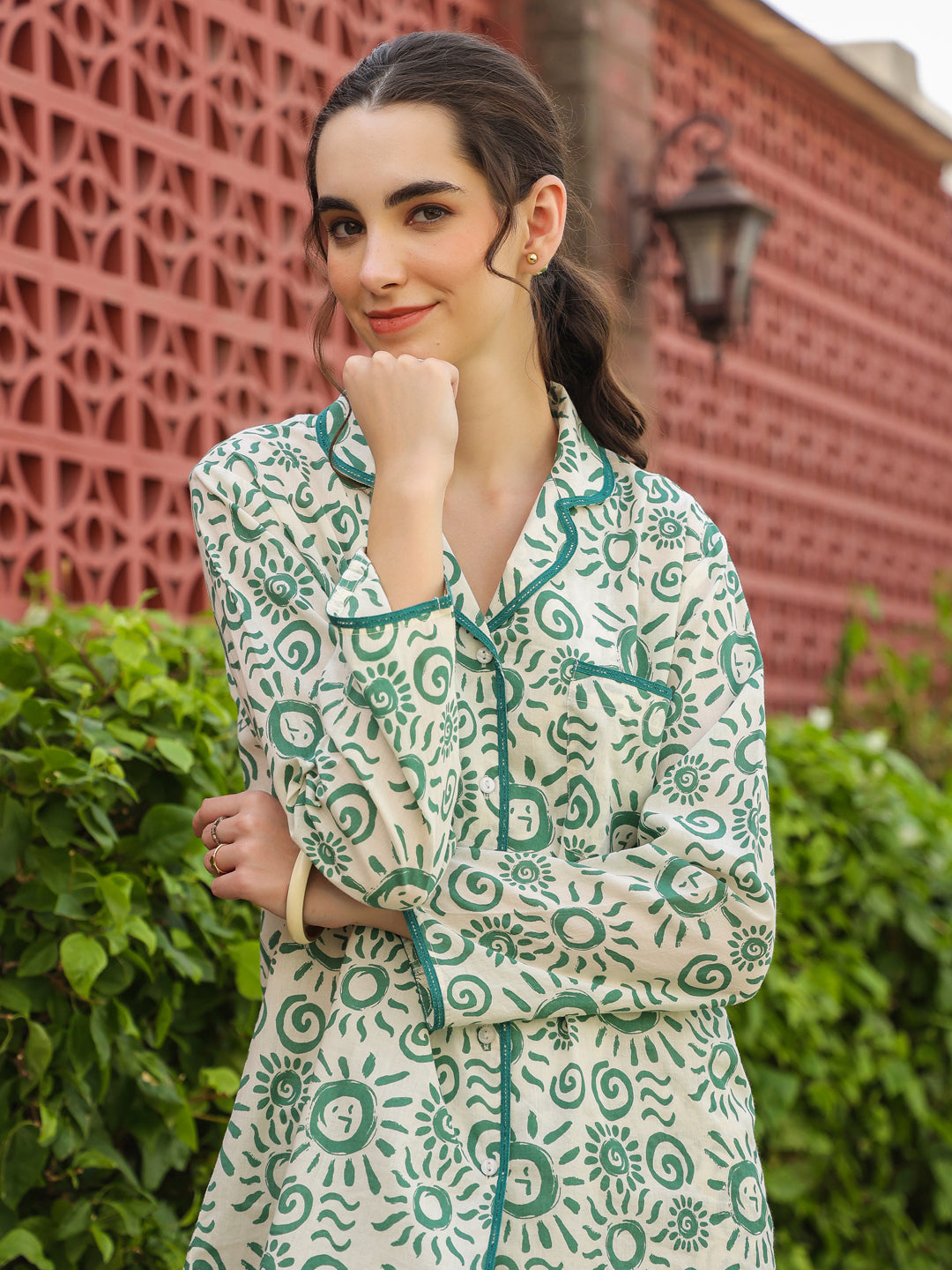 White Shirt Collar Pure Cotton Printed Geometric Night Suit For Women