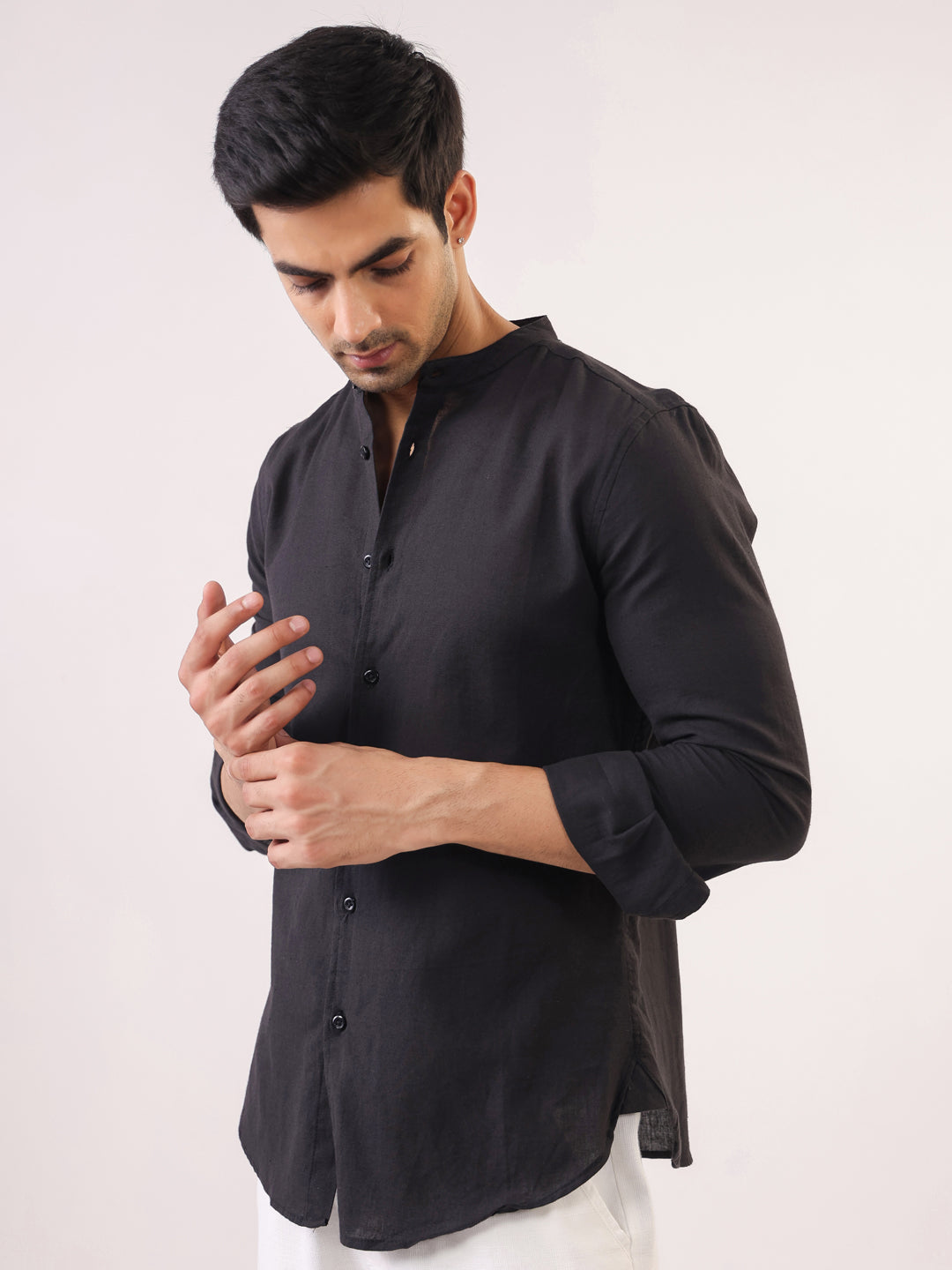 Black Mandarin Collar Full Sleeve Solid Pure Cotton Shirt For Men