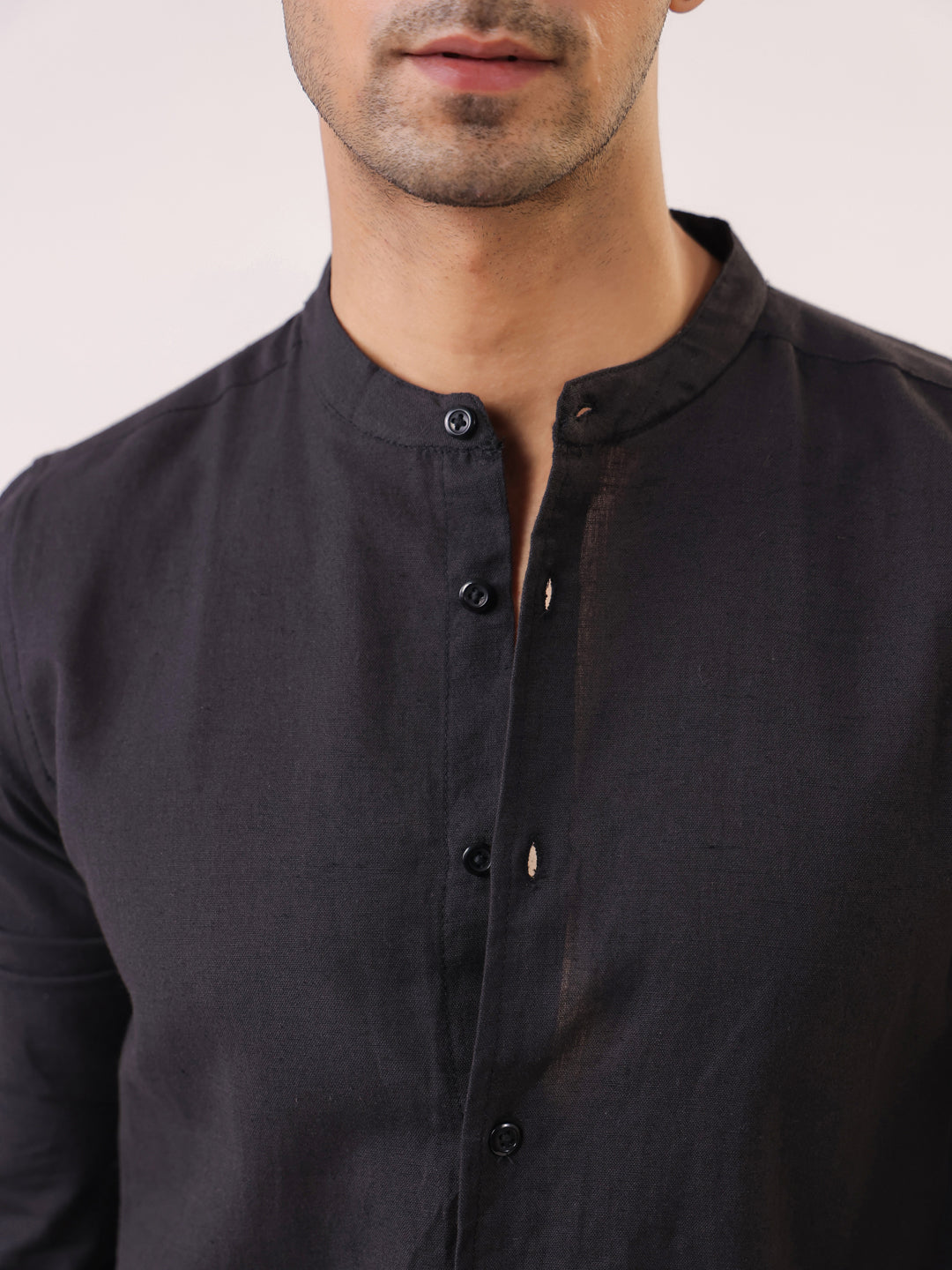 Black Mandarin Collar Full Sleeve Solid Pure Cotton Shirt For Men
