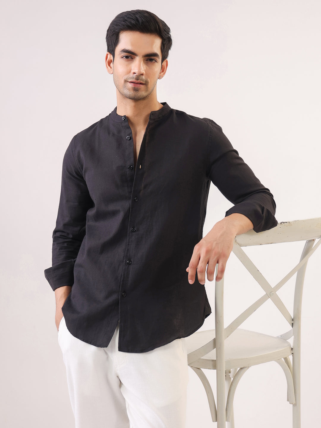 Black Mandarin Collar Full Sleeve Solid Pure Cotton Shirt For Men