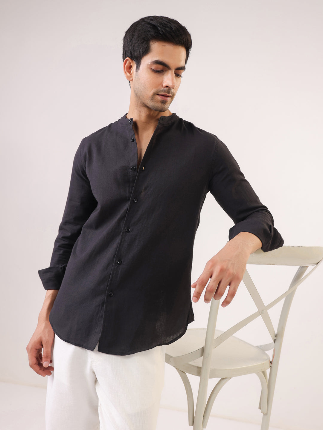 Black Mandarin Collar Full Sleeve Solid Pure Cotton Shirt For Men