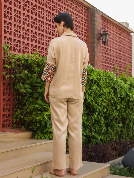 Cream Shirt Collar Viscose Rayon Solid Shirt Co-ords Set for Women