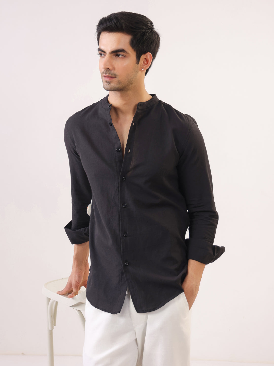 Black Mandarin Collar Full Sleeve Solid Pure Cotton Shirt For Men