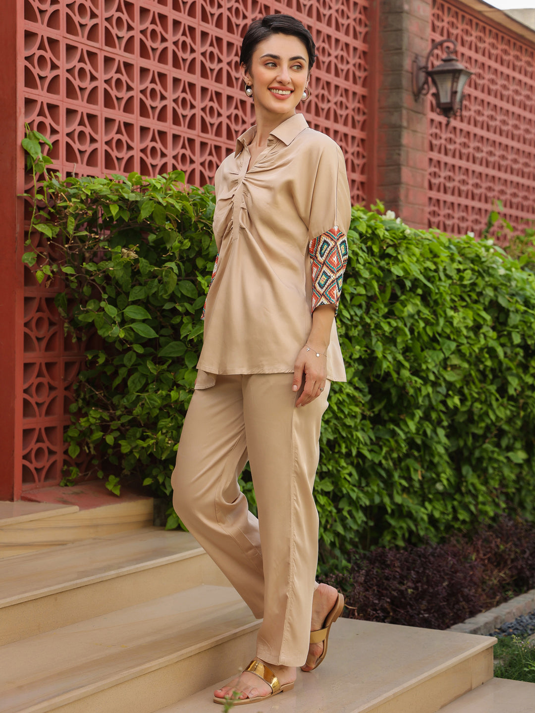 Cream Shirt Collar Viscose Rayon Solid Shirt Co-ords Set for Women