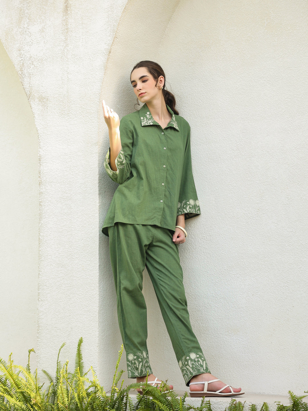 Green Pure Cotton Embroidered Shirt Collar Co-Ord Set for Women