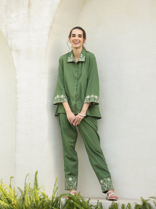 Green Pure Cotton Embroidered Shirt Collar Co-Ord Set for Women