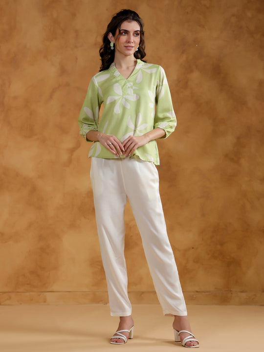 Green Color V-Neck Printed Co-ords Set for Women