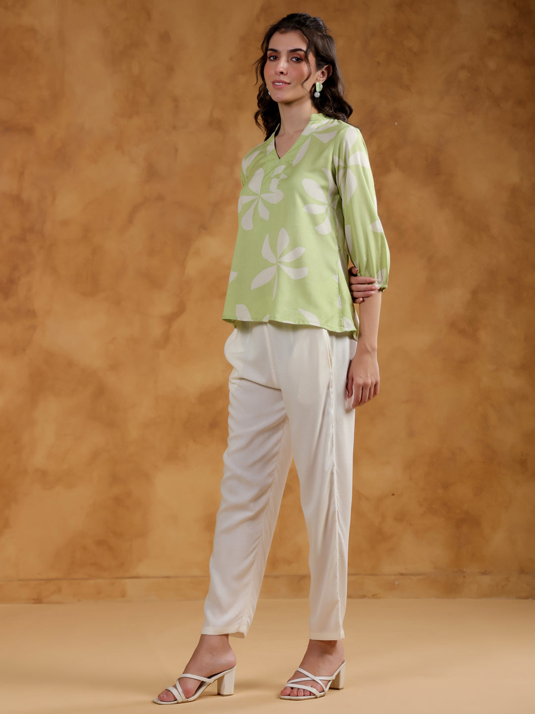 Green Color V-Neck Printed Co-Ords Set For Women