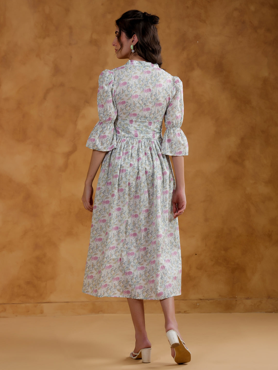 White Cotton V-Neck Printed Dress for Women