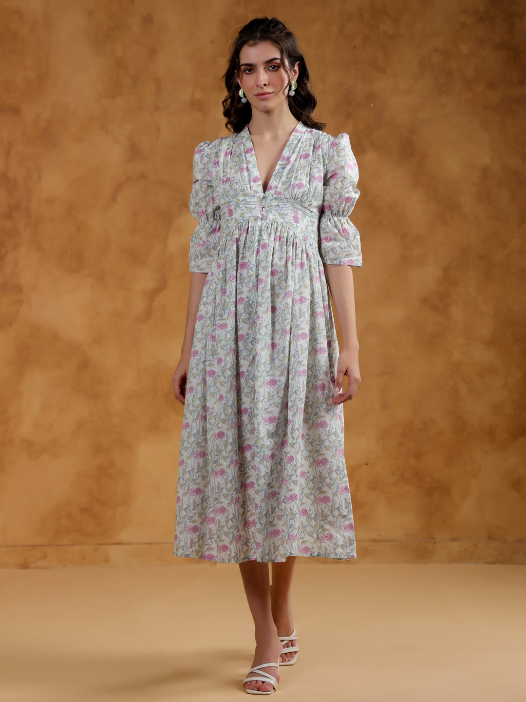 White Cotton V-Neck Printed Dress for Women