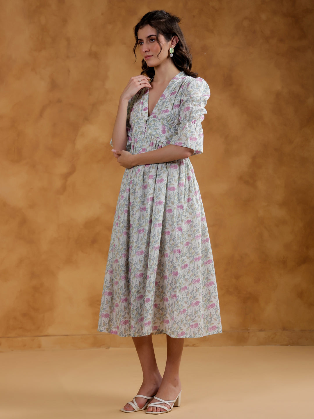White Cotton V-Neck Printed Dress for Women