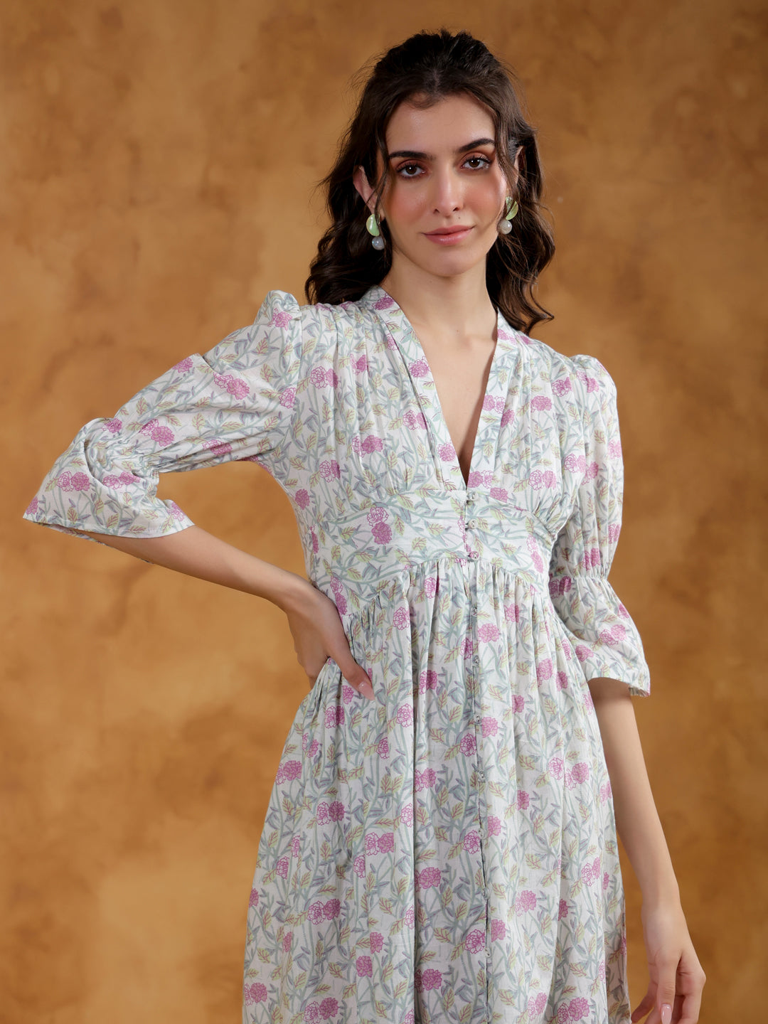 White Cotton V-Neck Printed Dress for Women