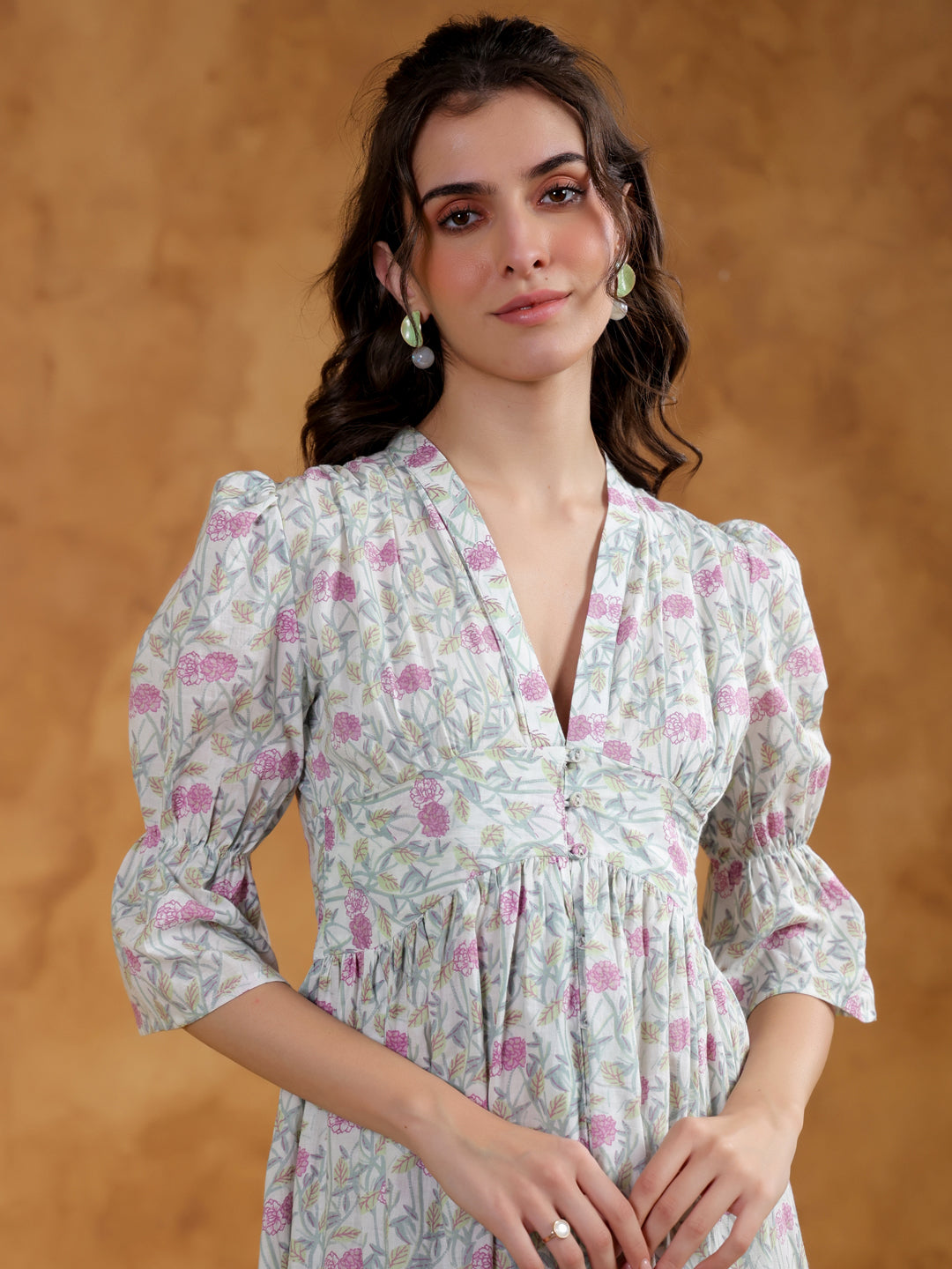 White Cotton V-Neck Printed Dress for Women