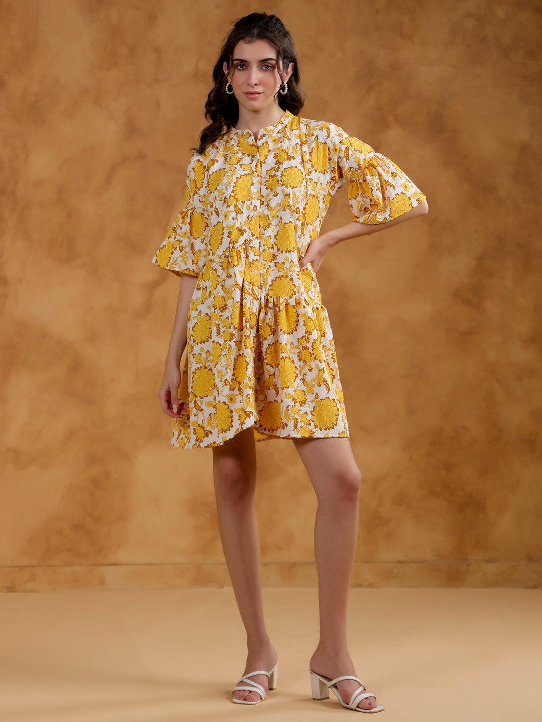 White Round Neck Printed Dress for Women