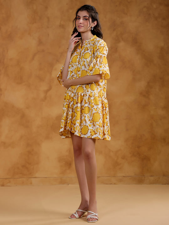 White Round Neck Printed Dress for Women