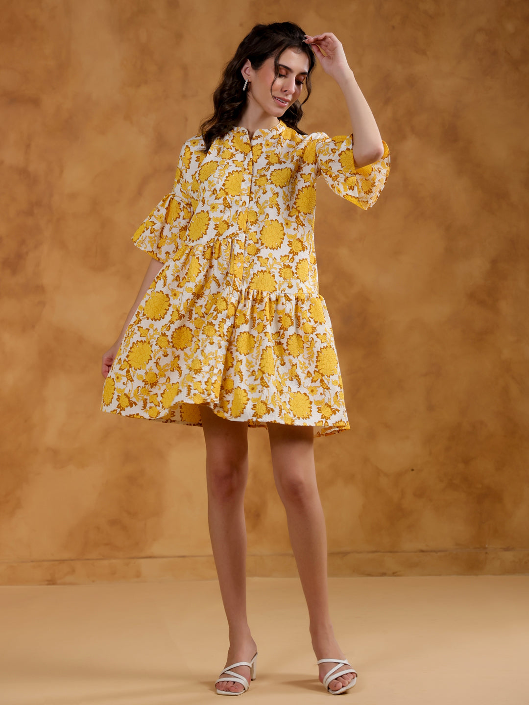 White Round Neck Printed Dress for Women