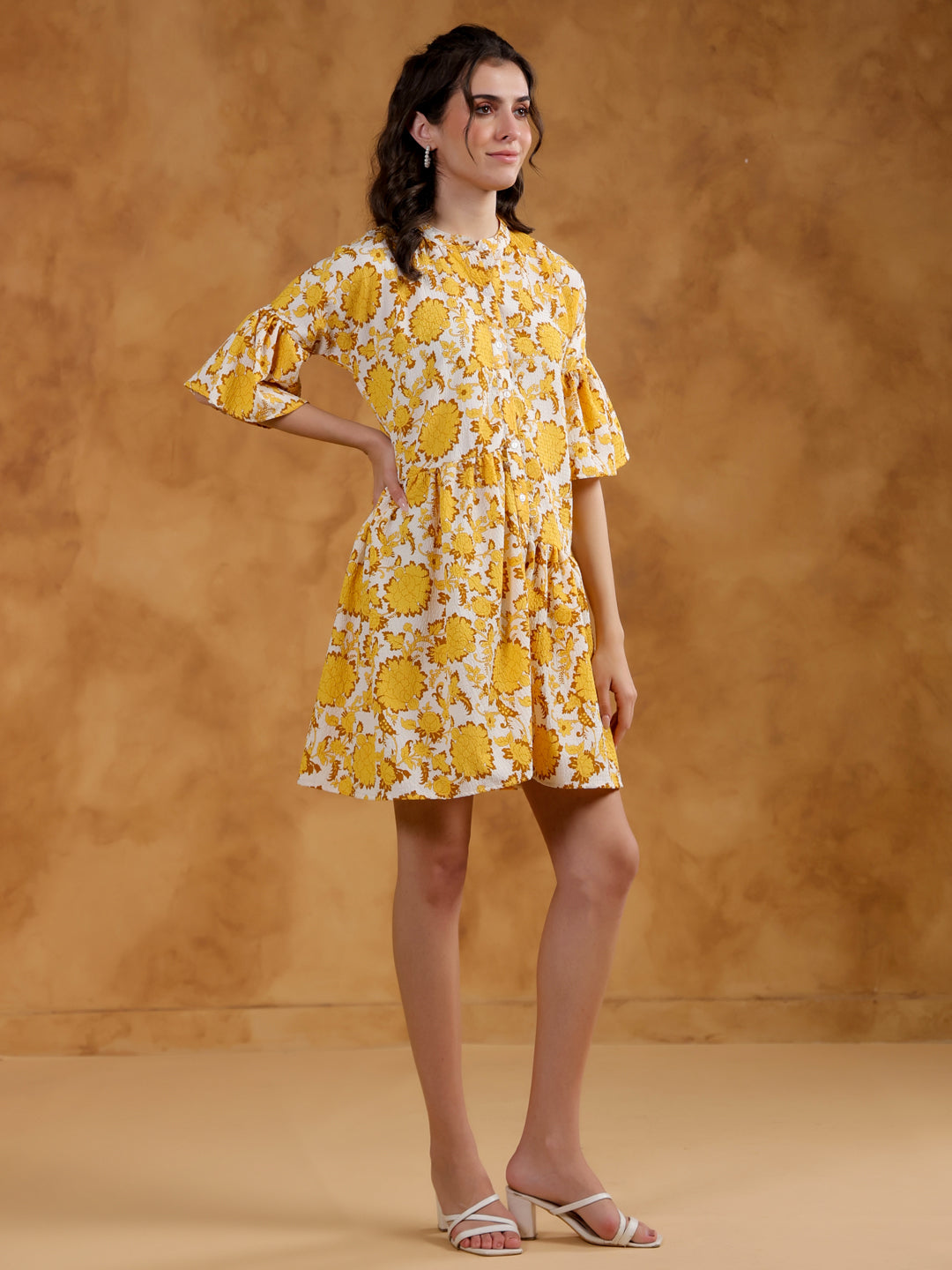 White Round Neck Printed Dress for Women