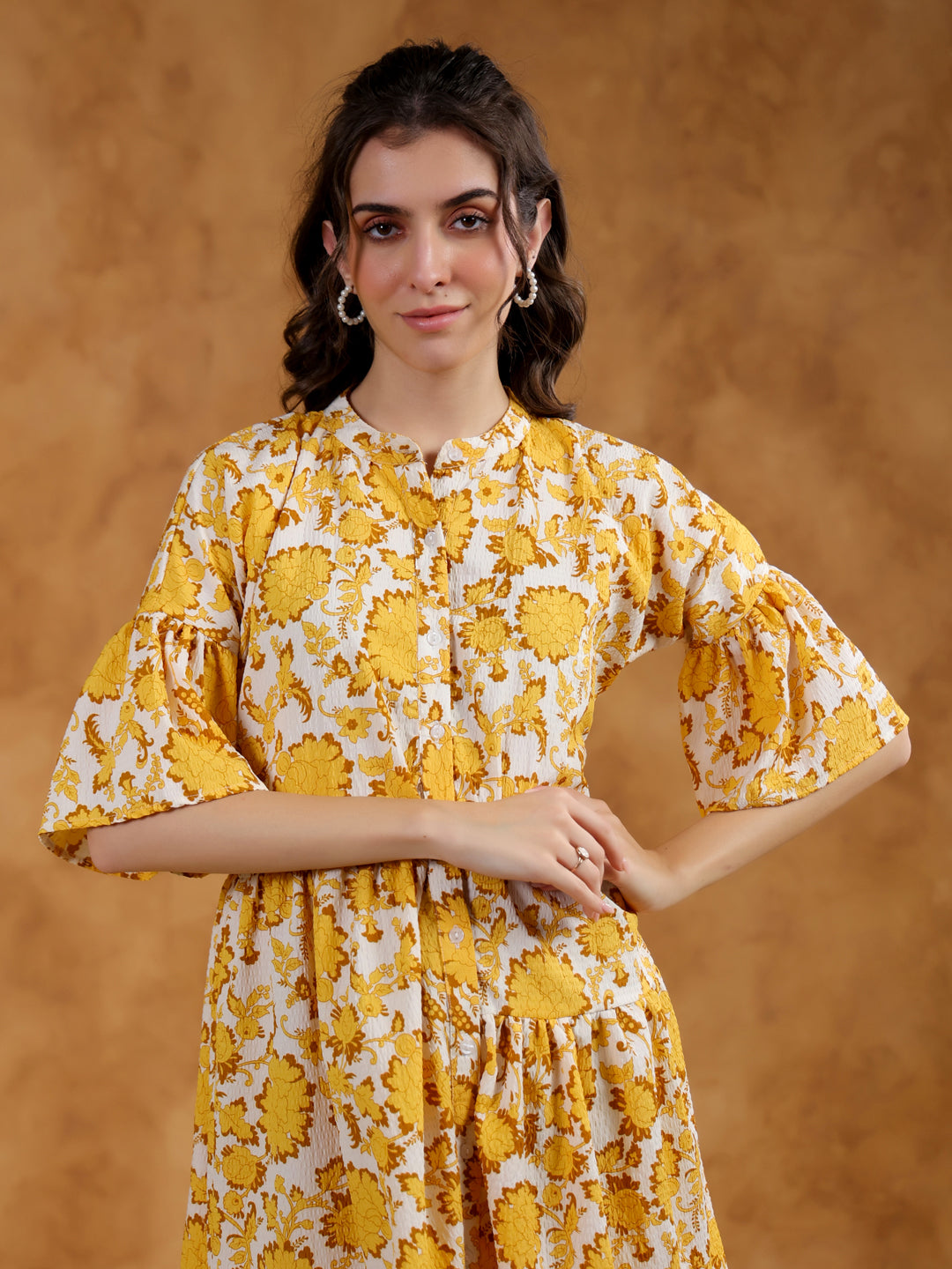 White Round Neck Printed Dress for Women